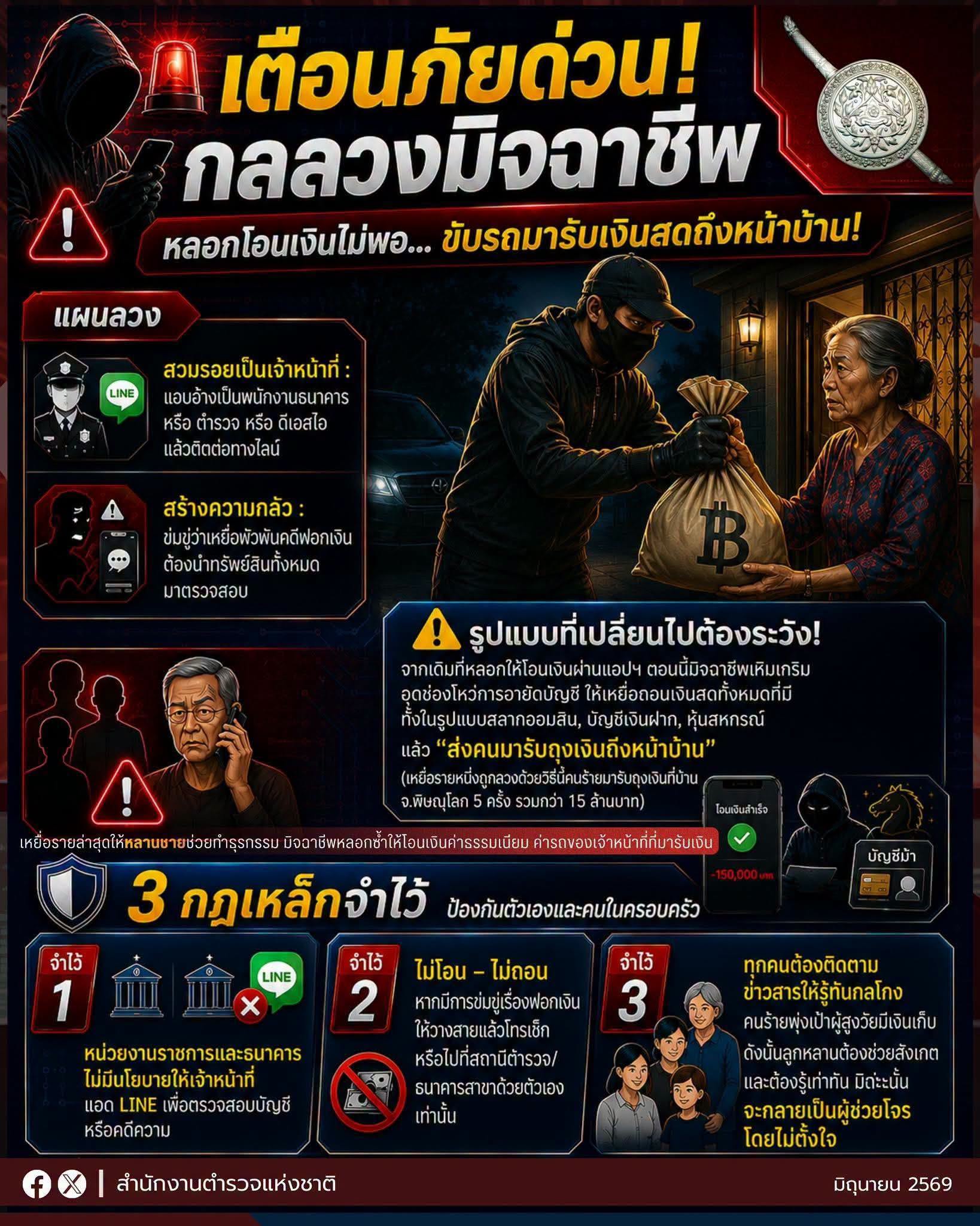 เตือนภัยมิจฉาชีพหลอกให้ถอนเงินสดและส่งคนมารับเงินถึงหน้าบ้าน